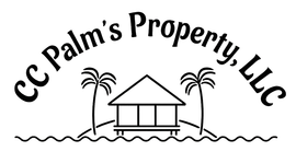 Logo for CC Palm's Property, LLC with a small building on an island between two palm trees, over ocean waves.