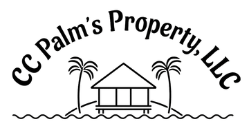 Logo for CC Palm's Property, LLC with a small building on an island between two palm trees, over ocean waves.