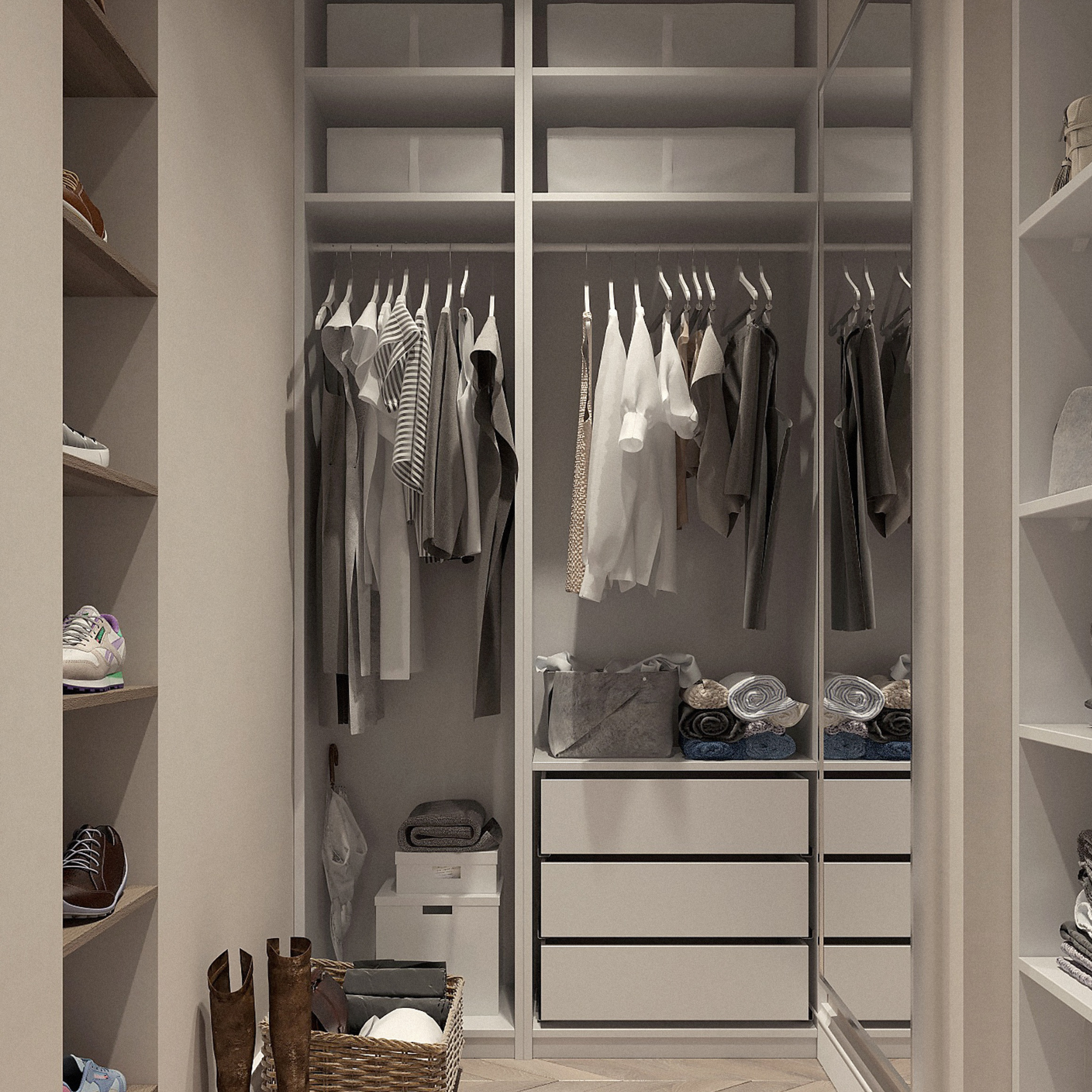 Image of an interior closet organizer filled with black, white, and gray clothes.