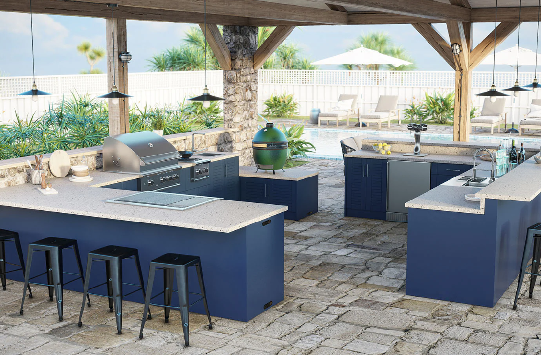 Image of a WeatherStrong outdoor kitchen set. Blue with white countertops.