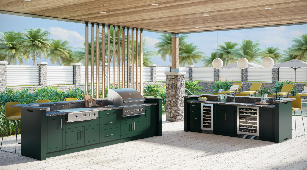 Image of a WeatherStrong outdoor kitchen set with green cabinets and gray countertops with a couple of grills and a sink.