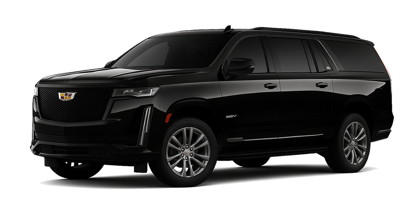 A black cadillac escalade is shown on a white background.