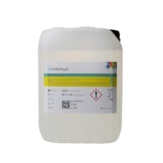 Bottle of iM Med's iM AlkWash alkaline hospital instrument cleaner and pre-soak concentrate.