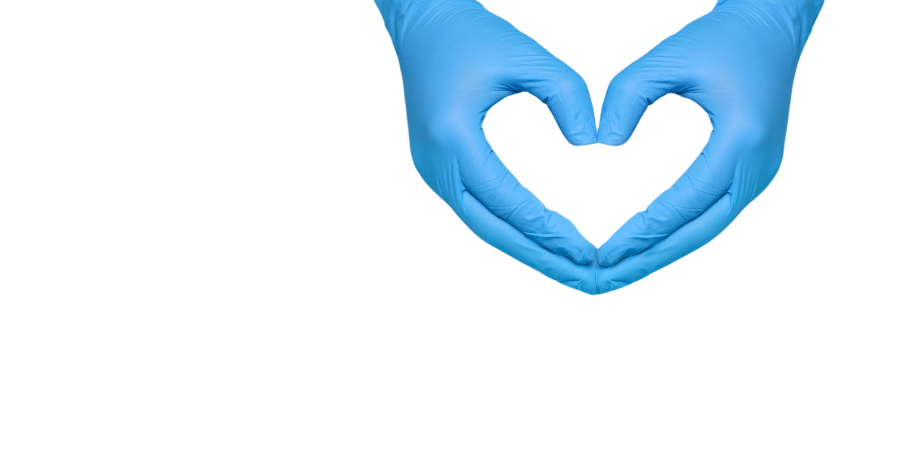 Two hands in medical blue gloves making the shape of a heart