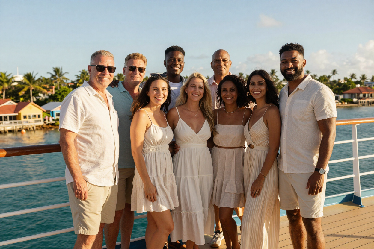 A group of friends celebrating together on a travel adventure.