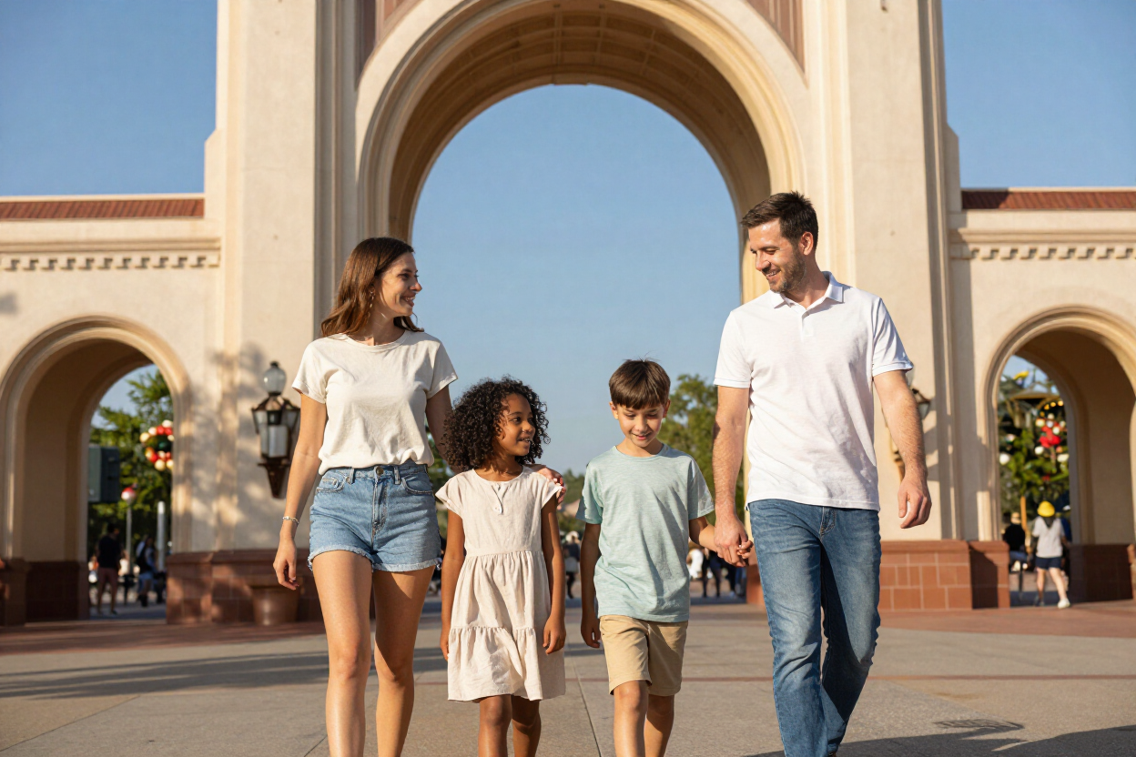 A family enjoying a magical day together at a major theme-park destination.