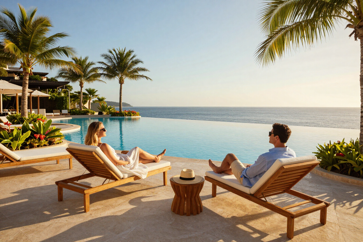 A luxurious all-inclusive resort pool with ocean views under clear skies.