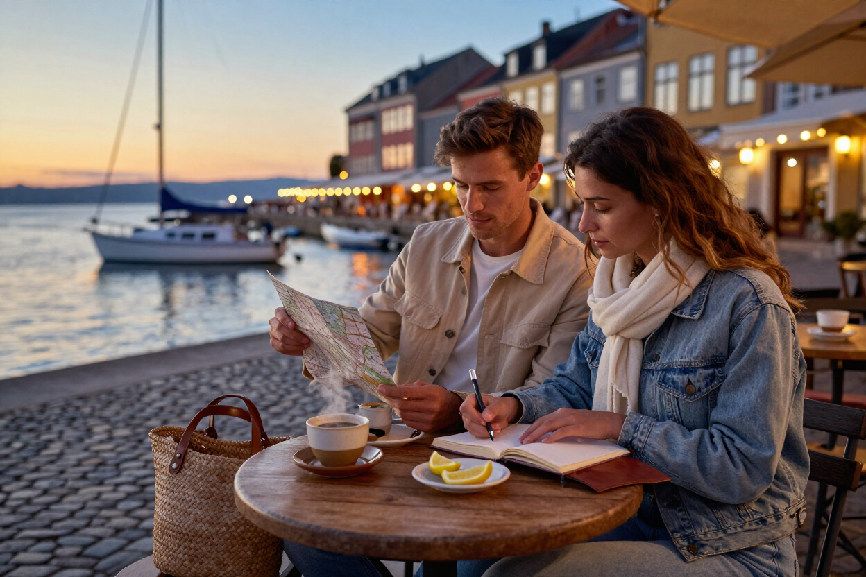 A traveler planning a custom itinerary at a scenic destination cafe.