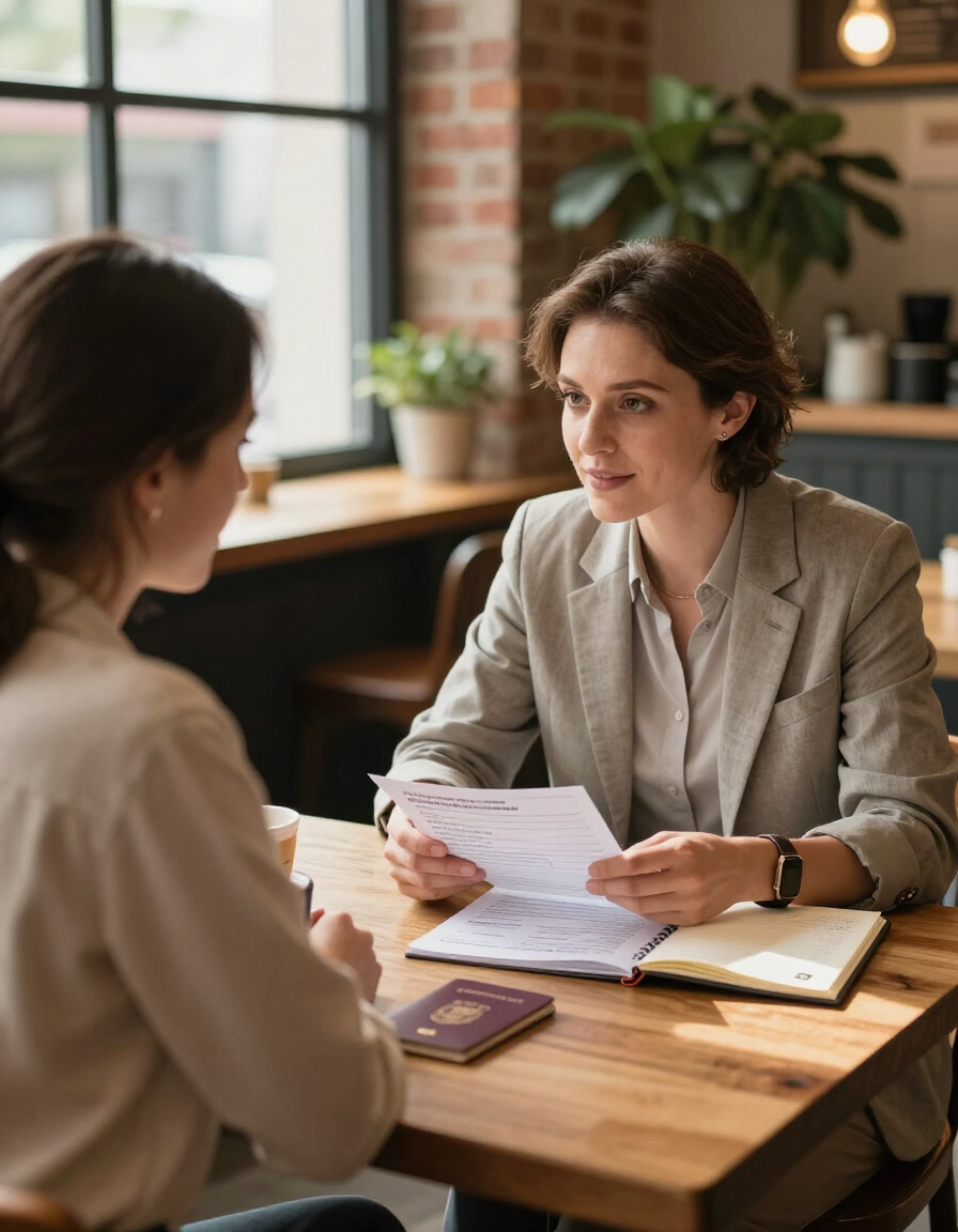 Travel advisor reviewing trip plans with a guest