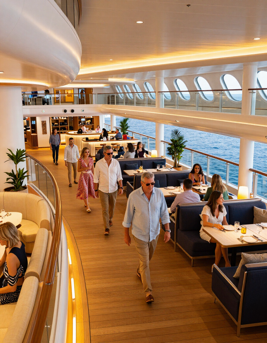 Royal Caribbean cruise ship interior promenade deck with guests