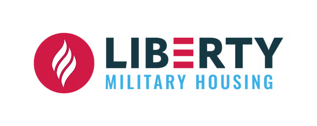 The logo for liberty military housing is red , white and blue.