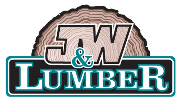 A logo for e & w lumber with a tree stump in the background