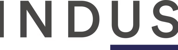 A close up of the word indus on a white background.