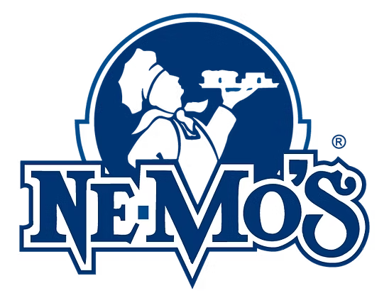 A blue and white nemo 's logo on a white background