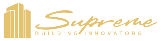A logo for supreme building innovators with a building in the background.