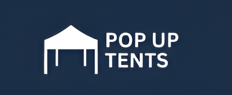 The logo for pop up tents is a white tent on a blue background.