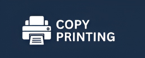 A logo for copy printing with a printer on a blue background.