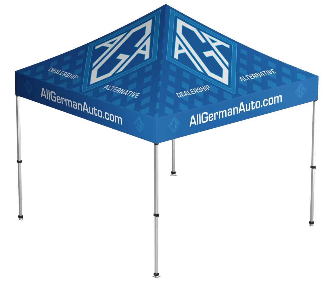 A blue tent with the words allgermanauto.com on it