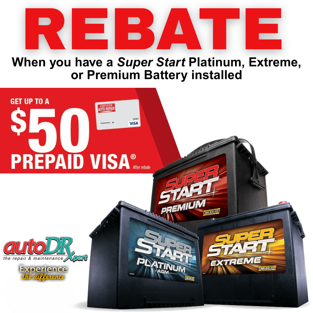 Three car batteries and a visa card with text explaining the $50 rebate customers receive at Auto DR. 