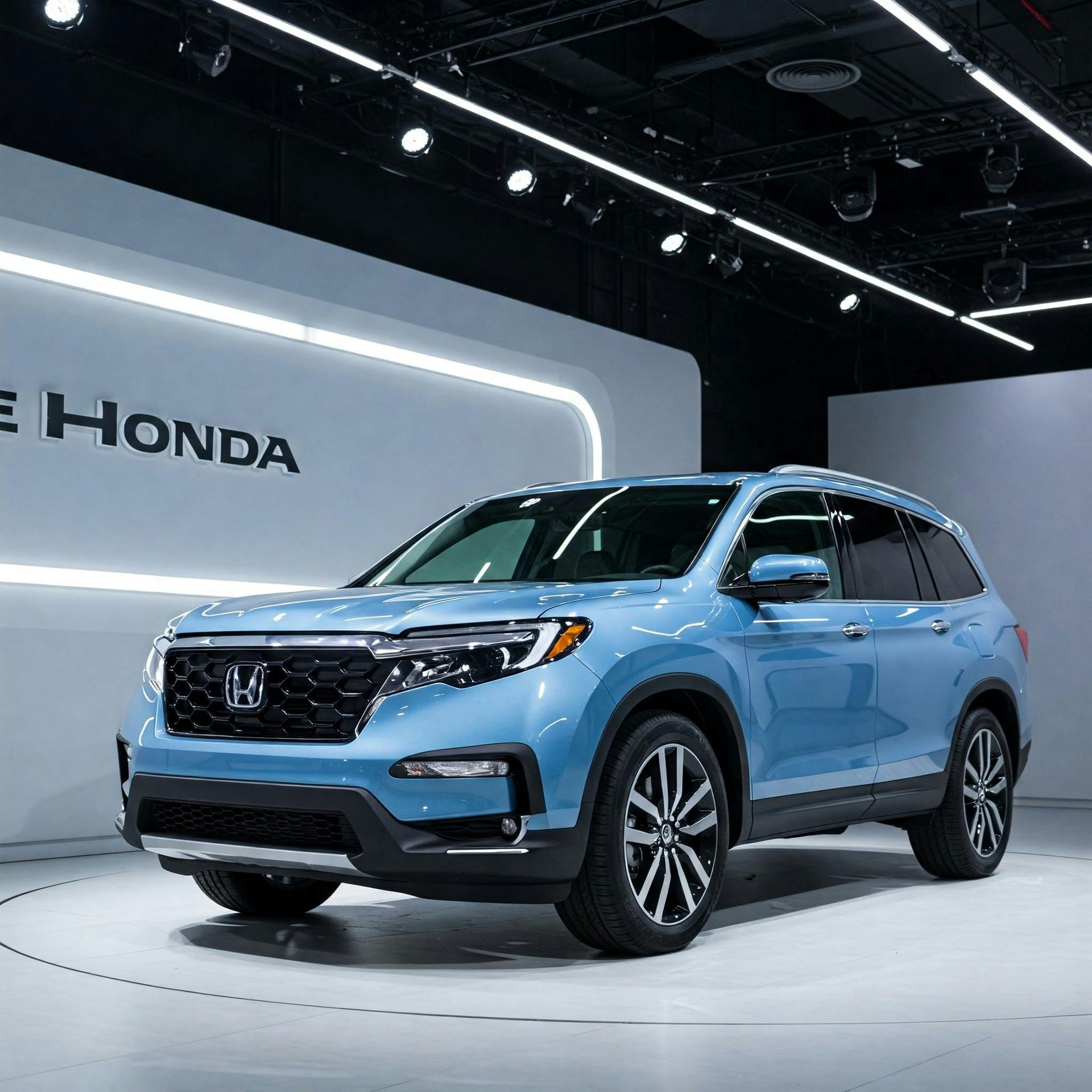 A blue Honda vehicle is on a stage at the Detroit Auto Show in Michigan. 