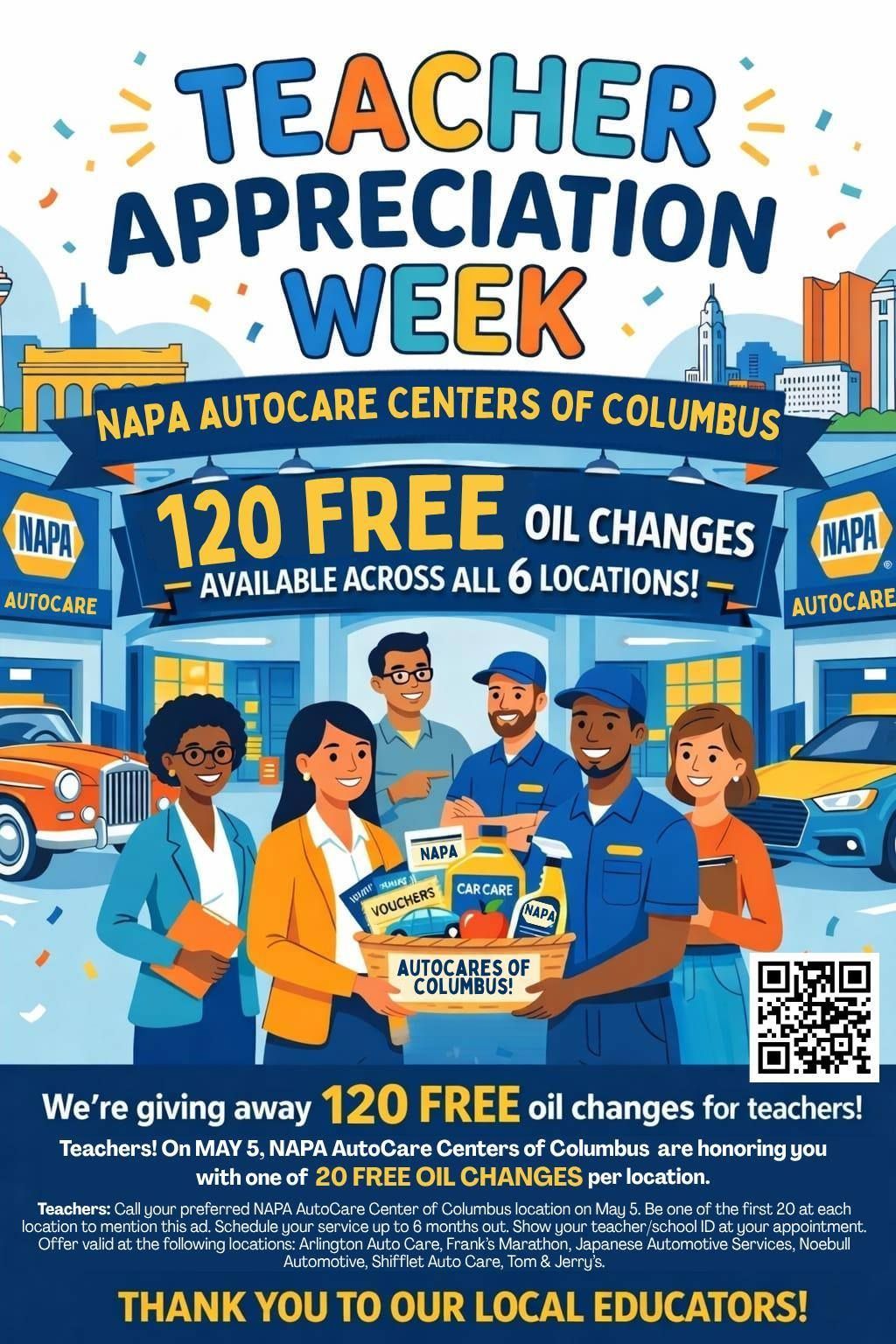 Teacher Appreciation Week poster for Napa Autocare Centers of Columbus offering 120 free oil changes at 6 locations.
