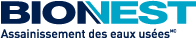 Logo de Bionest, entreprise de traitement des eaux. Texte bleu foncé et bleu aigue-marine sur fond blanc.