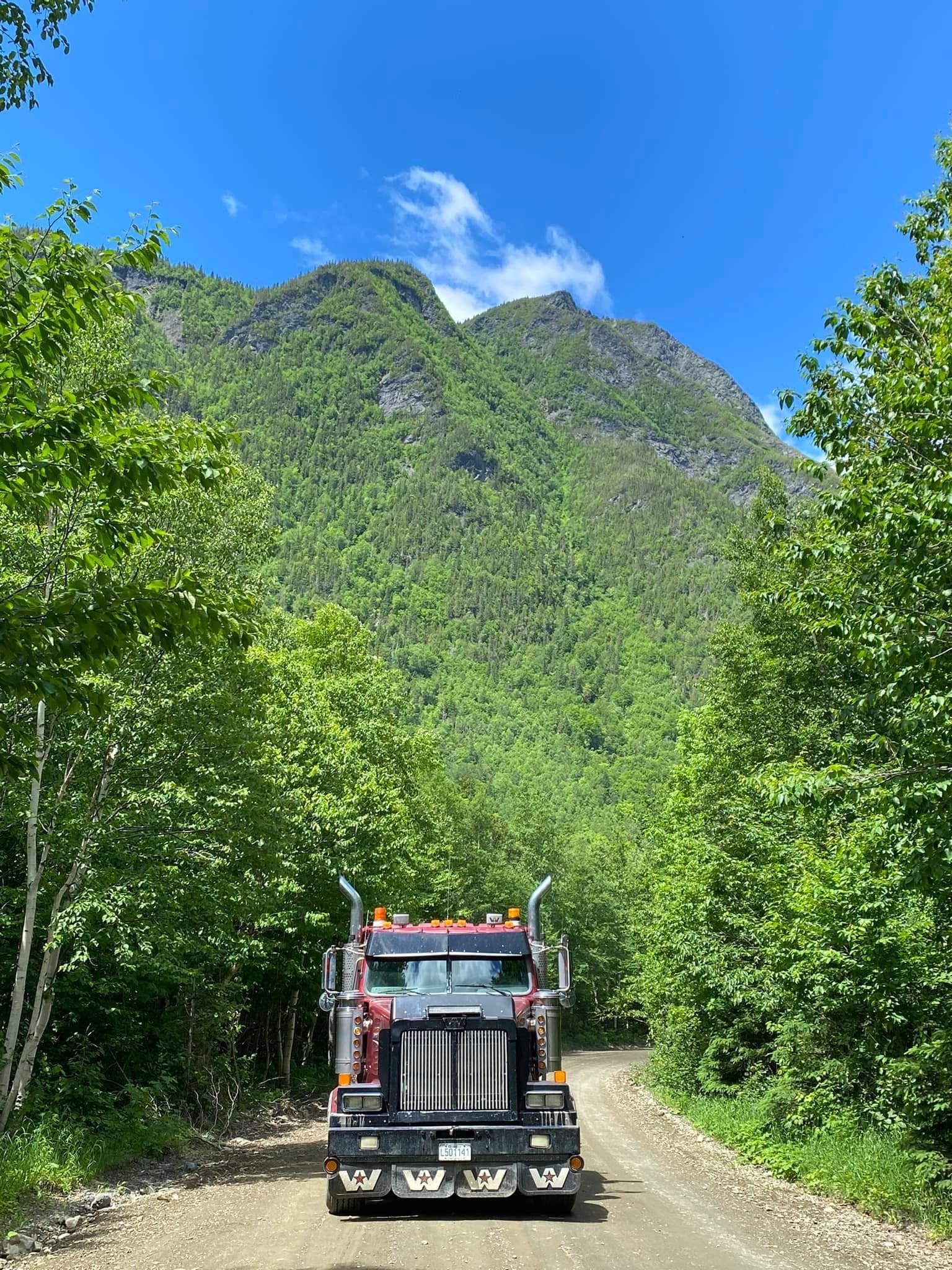 Semi-camion roulant sur un chemin de terre à travers des arbres verts luxuriants vers une montagne sous un ciel bleu.