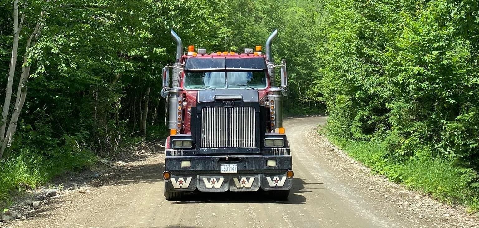 Semi-camion rouge sur un chemin de terre entouré d'arbres verts.