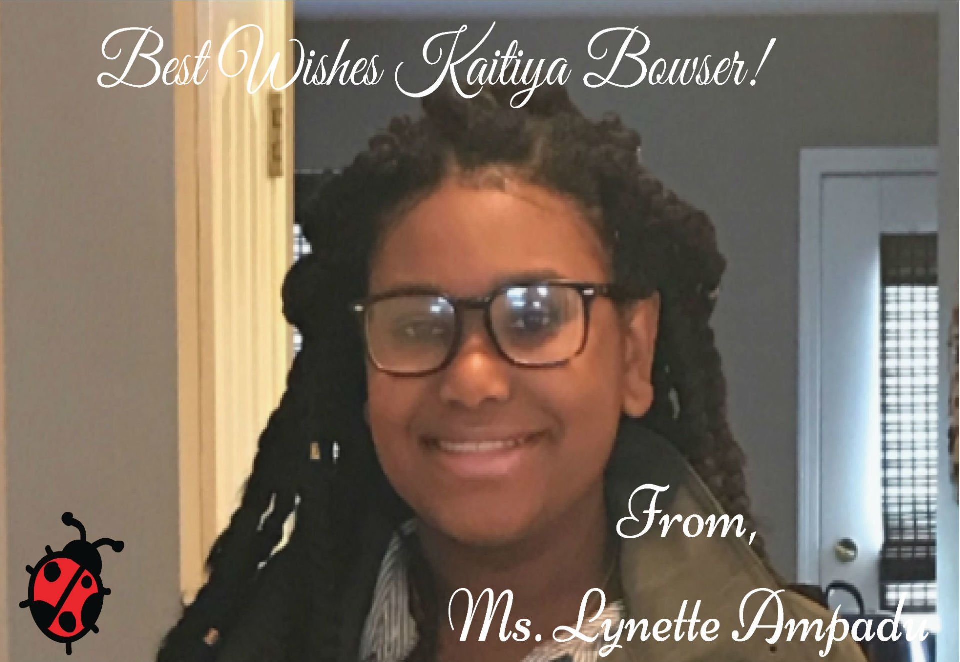 a ladybug is on a card that says best wishes katiya bowser