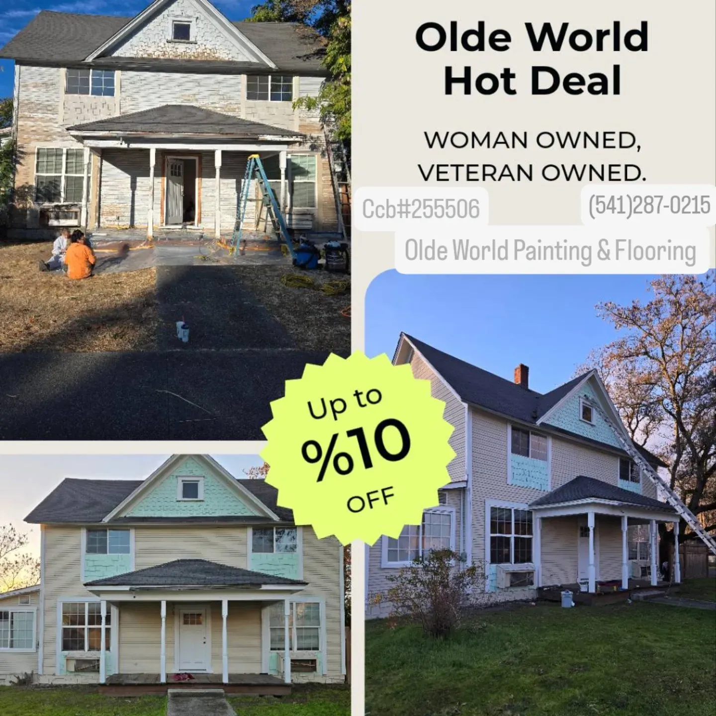 Home painting promo collage with three house photos, “Olde World Hot Deal,” and “Up to 10% off” badge