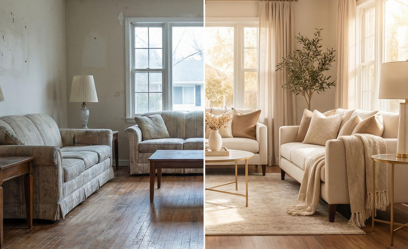 Sunlit living room with two sofas, a wooden coffee table, and sheer curtains by tall windows