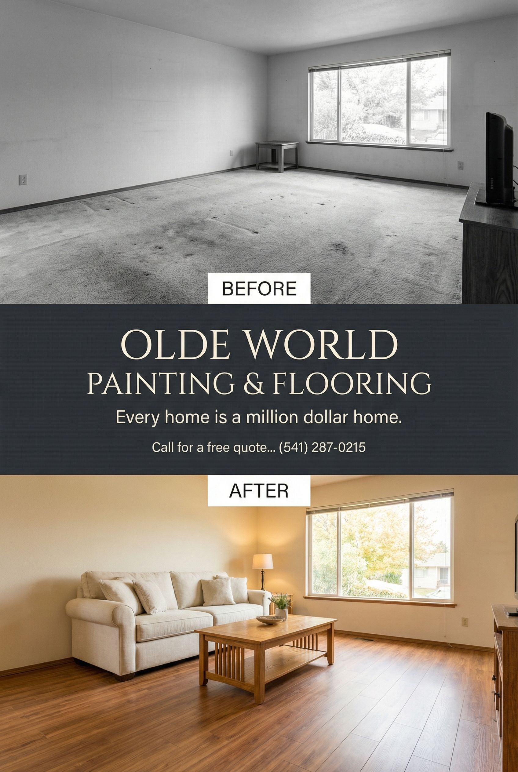 Before-and-after room makeover: empty gray room transformed into warm beige living room with furniture and wood floor