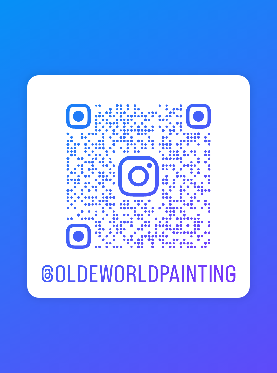 Blue and purple Instagram QR code card with handle @OLDEWORLDPAINTING