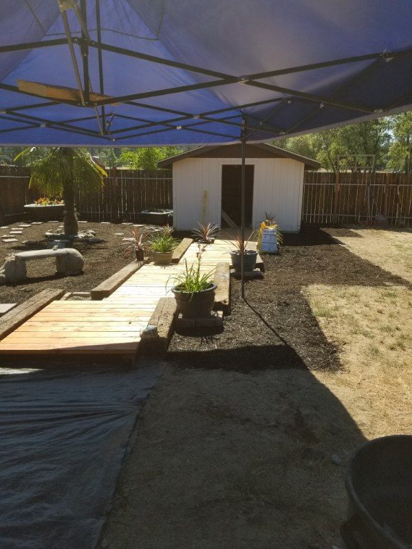 Backyard under a blue canopy with a small shed, wooden walkway, and potted plants on dry ground
