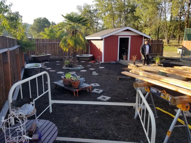 Backyard with red shed, metal garden beds, and a person standing near the open door