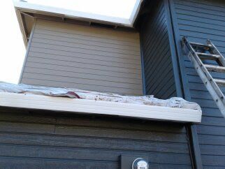 House roof with snow-covered ledge and a ladder leaning against gray siding