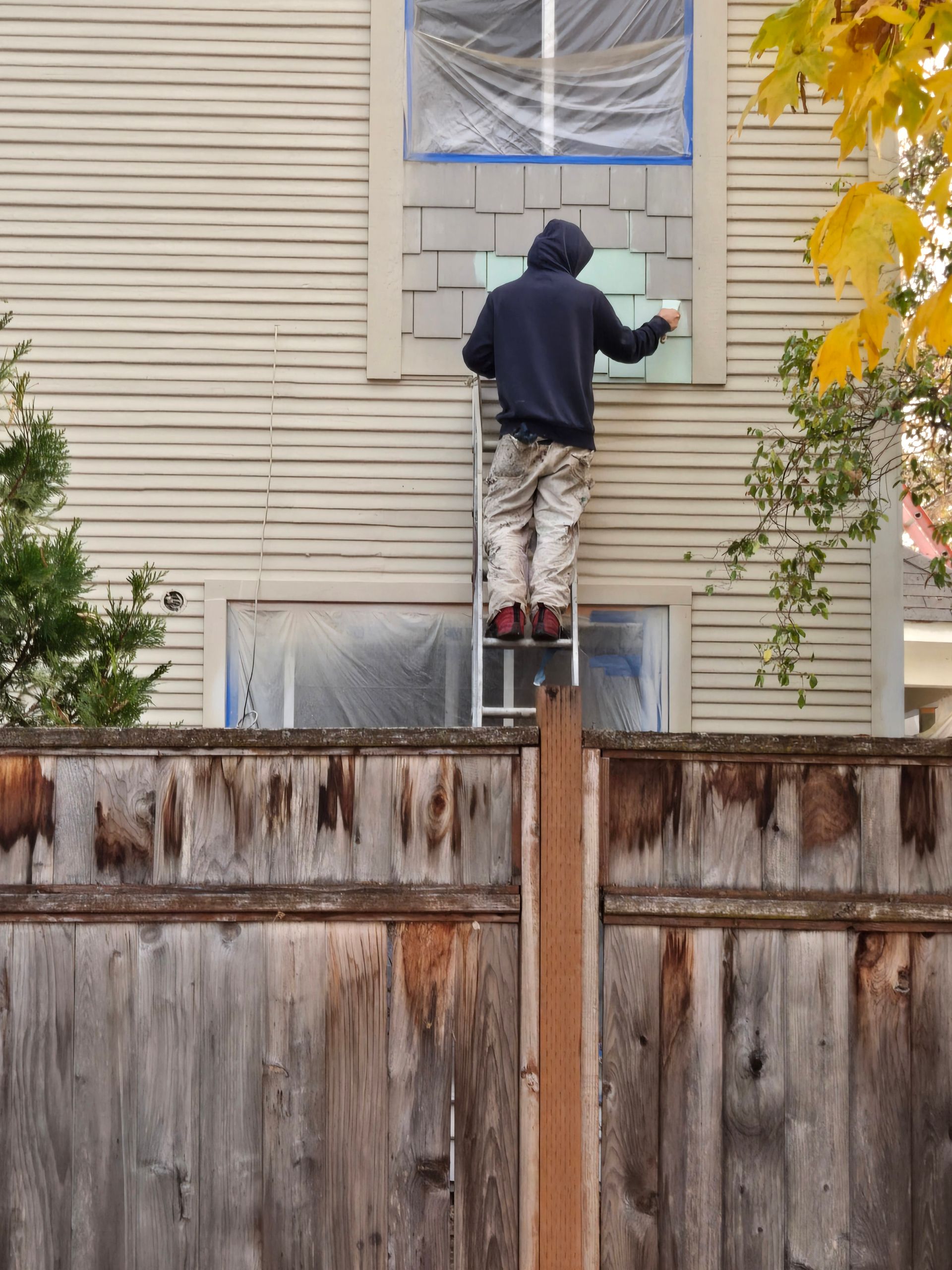 Person painting exterior wall of a house from a ladder behind a wooden fence.