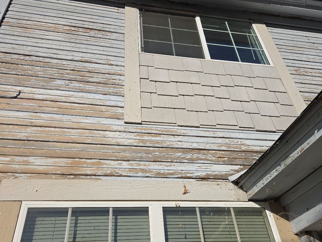 Weathered white house siding with two windows and a roofline visible from below
