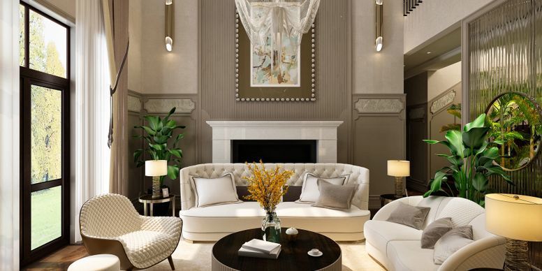 Elegant modern living room with cream sofas, glass table, fireplace, and large windows with plants