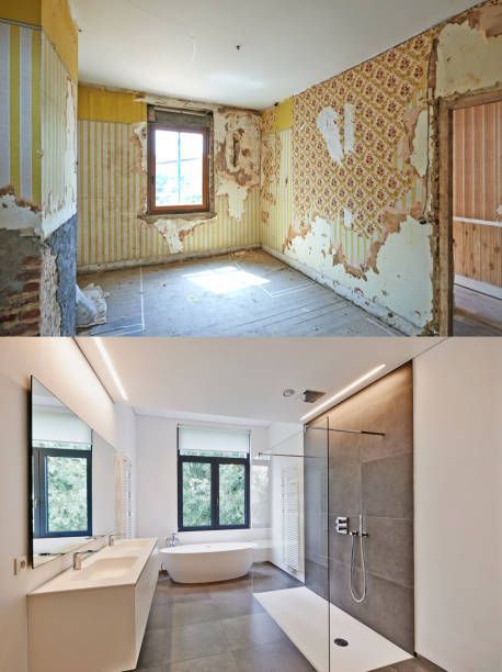 Before and after renovation of a room: outdated wallpaper peeling to modern white bathroom with shower and tub.