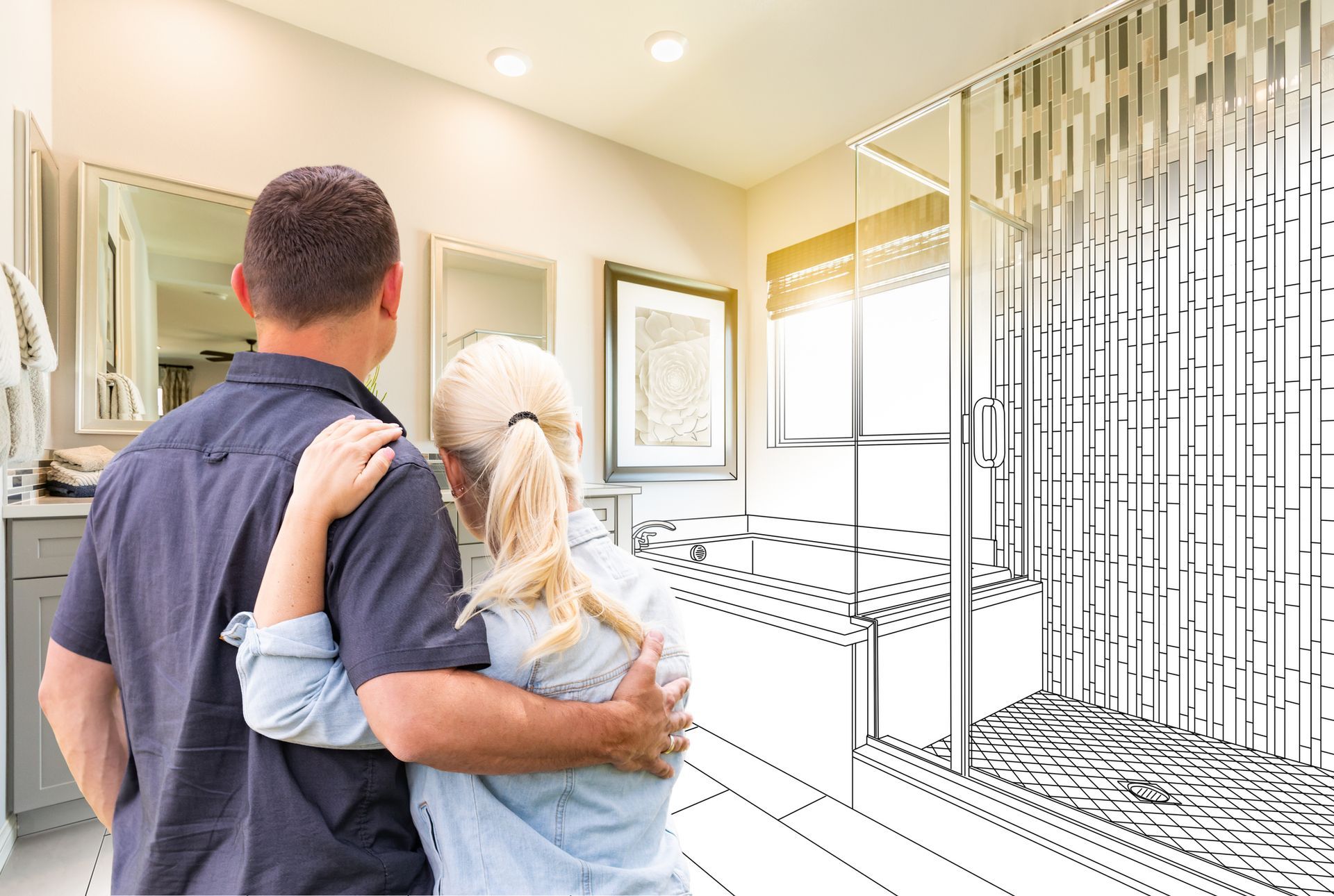 Couple looking at a bathroom undergoing renovation; partially sketched with a shower, tub, and vanity.