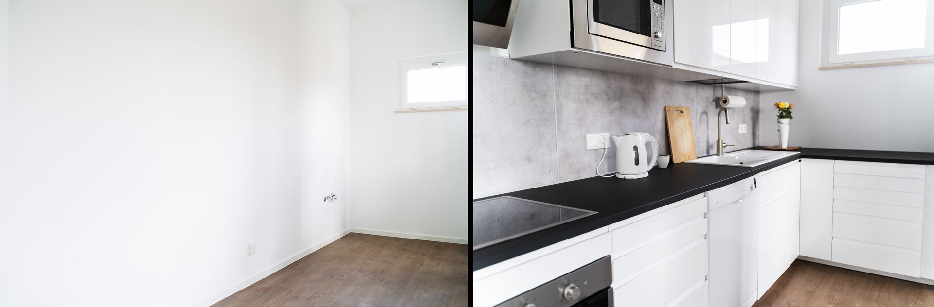 Room before and after renovation, empty room on left and finished modern kitchen on right.