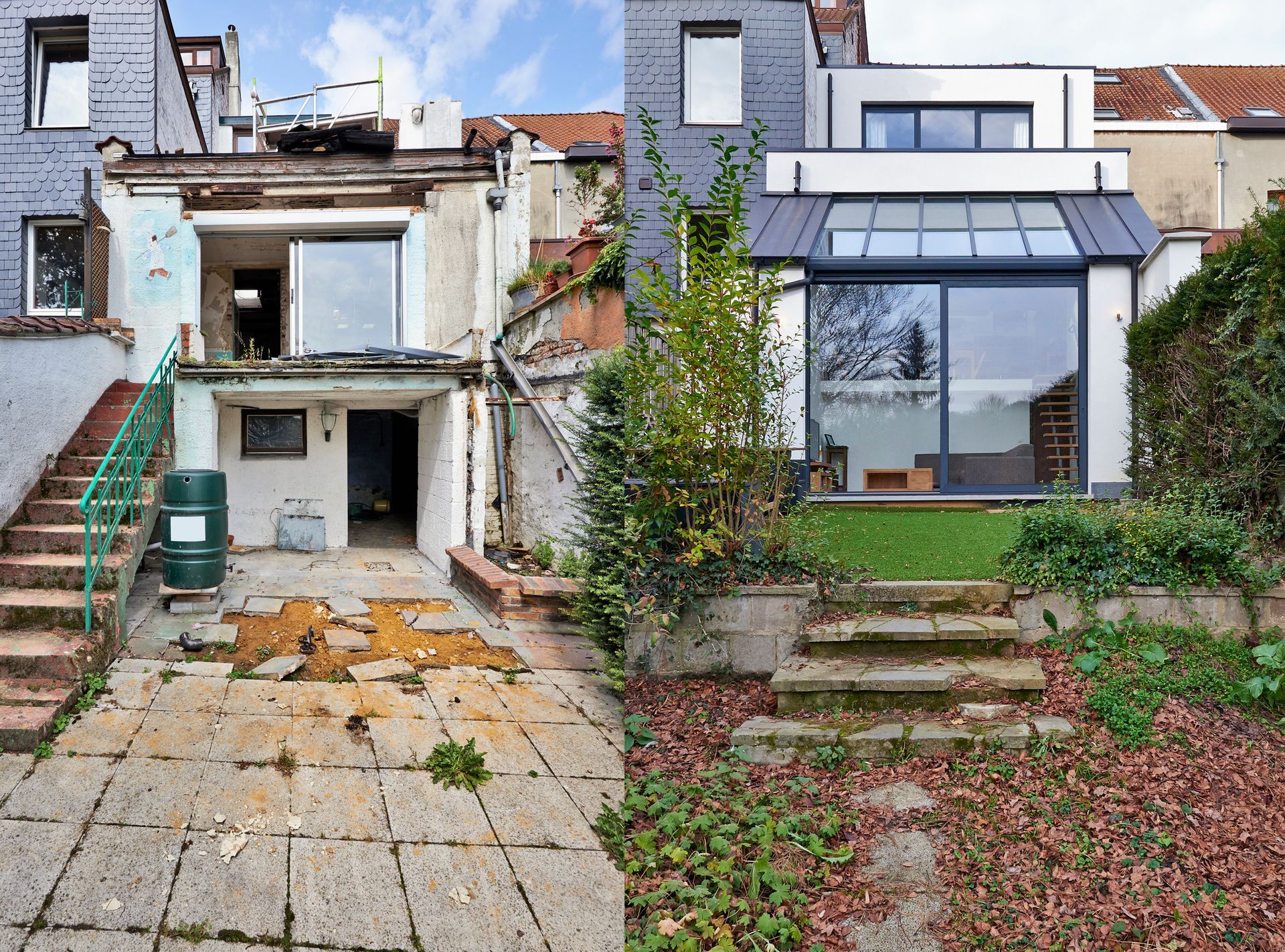 Before and after of a house renovation: run-down backyard transformed into a modern extension with large windows.