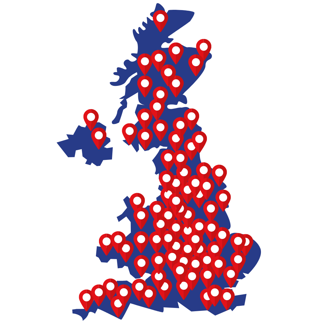 A map of the united kingdom with red and white pins on it.