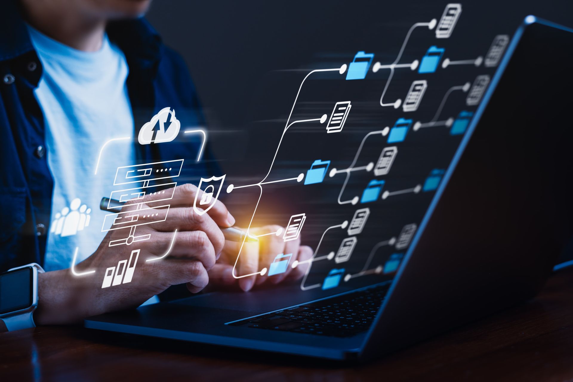 Person using laptop, digital data flow graphic with cloud, document, and folder icons.