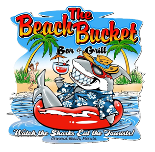 Cartoon shark in floaty, holding drink, with 