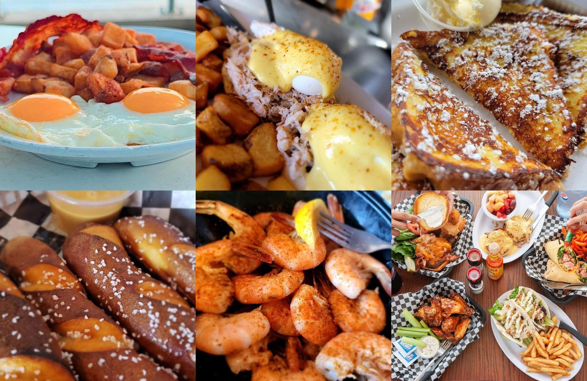 Collage of various breakfast and appetizer dishes, including eggs, french toast, and fried shrimp.
