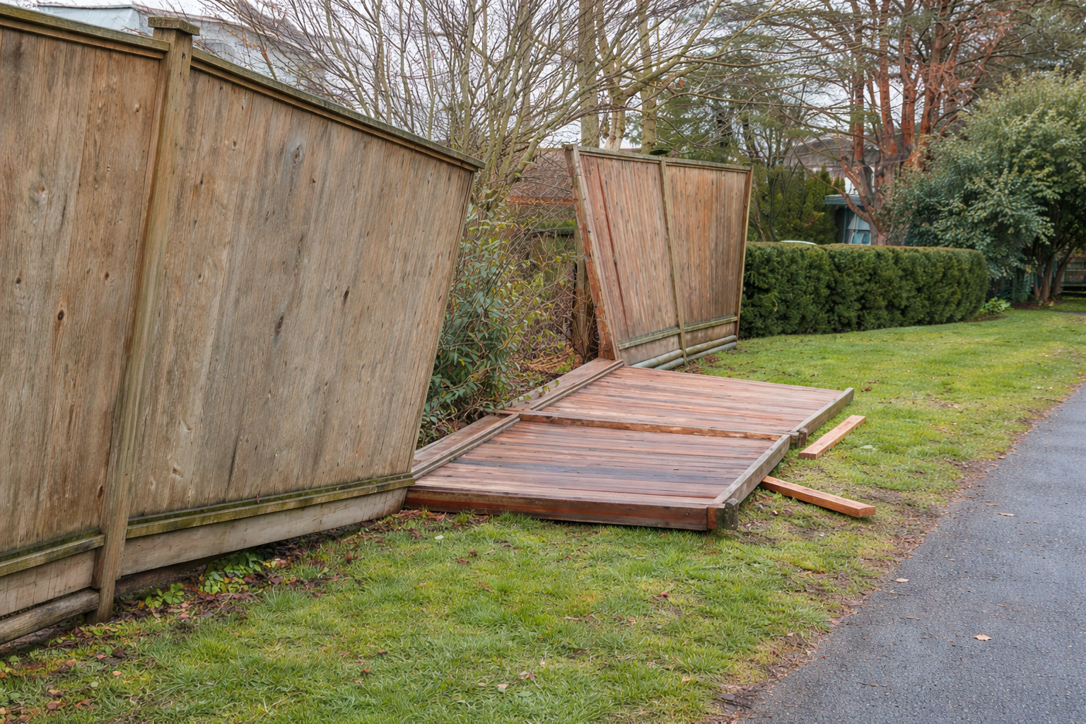 Leaning wooden fence panels collapsed after storm damage in backyard needing repair