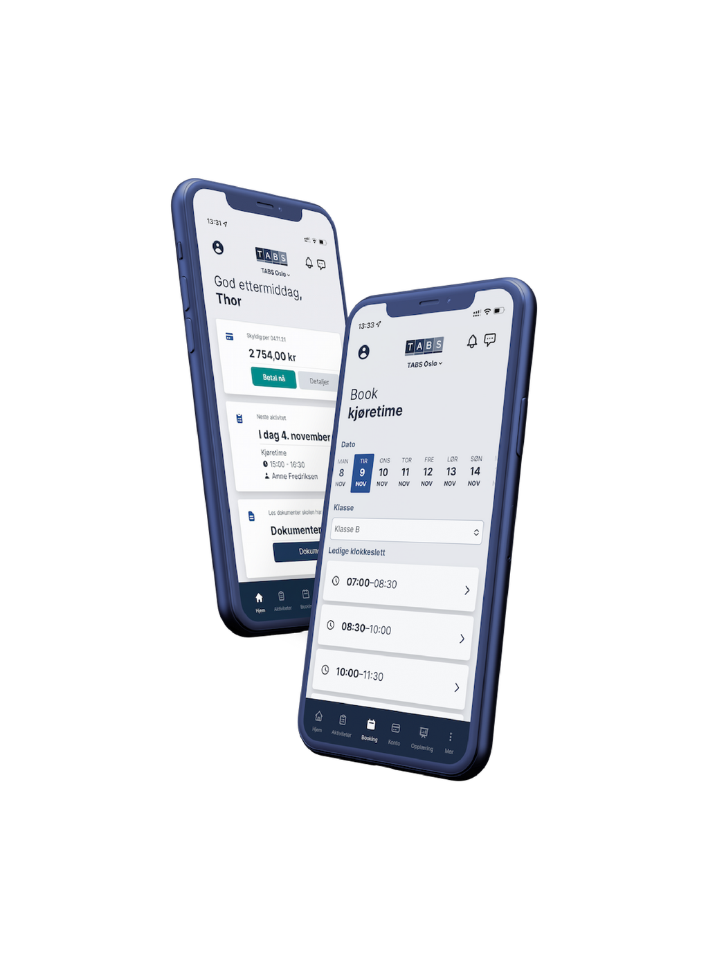 To marineblå smarttelefoner som viser et mobilappgrensesnitt på hvit bakgrunn