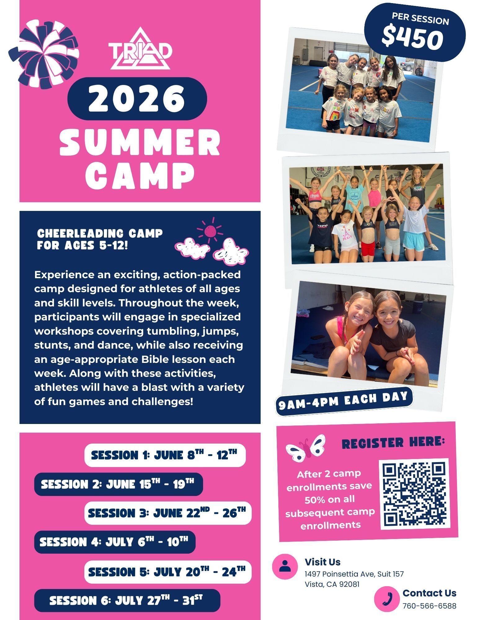 A group of young girls are standing next to each other on a poster for summer camps.
